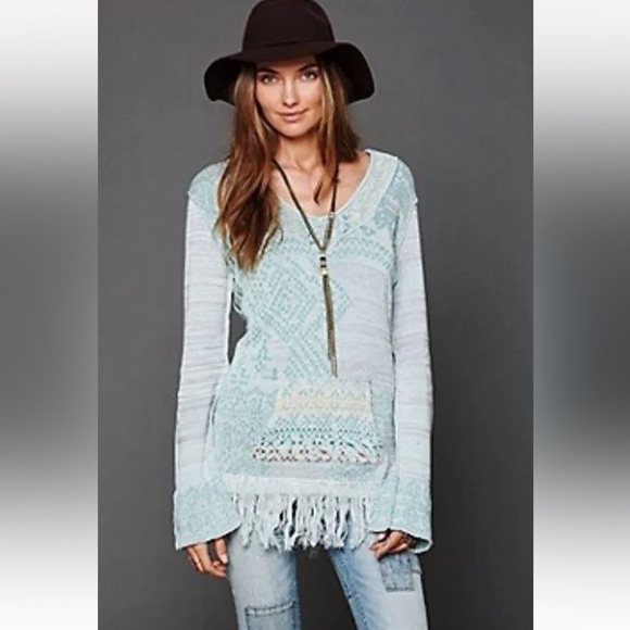 Free People Dream The Story Cloud Blue Tunic Hooded Pull Over Fringe Boho - Picture 3 of 5
